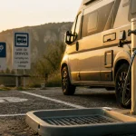 Aire camping car Ardèche devant une aire d’accueil, vue sur les gorges