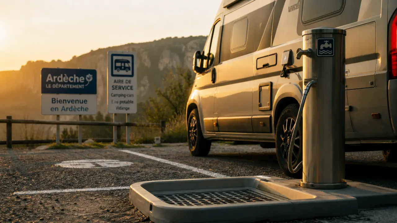 Aire camping car Ardèche devant une aire d’accueil, vue sur les gorges
