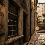 Ruelles d’Annonay en Ardèche avec panneau « Montgolfières »