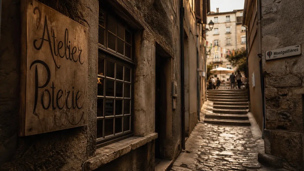 Ruelles d’Annonay en Ardèche avec panneau « Montgolfières »