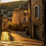 Annonay France : ruelle en pente et montgolfières à l’aube