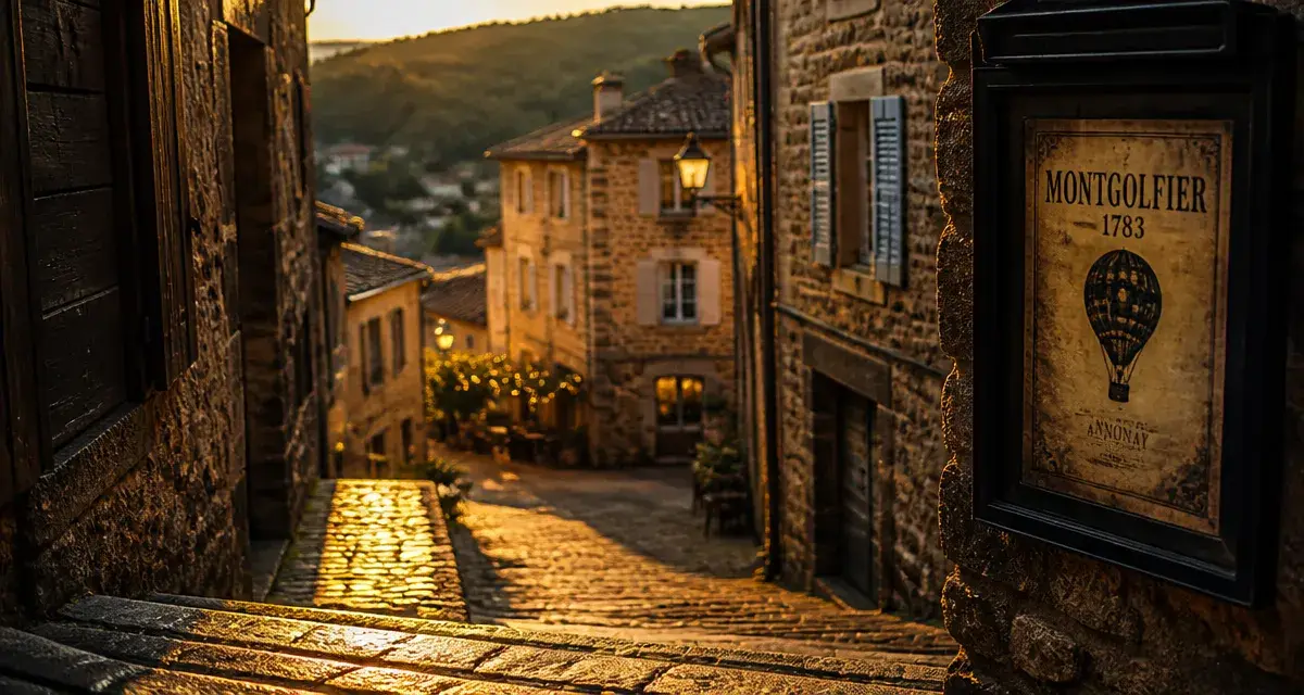 Annonay France : ruelle en pente et montgolfières à l’aube