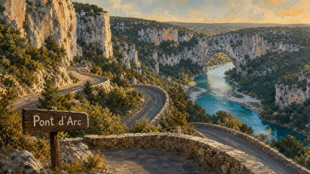 Ardèche du sud : Pont d’Arc au-dessus des gorges, eau turquoise et falaises