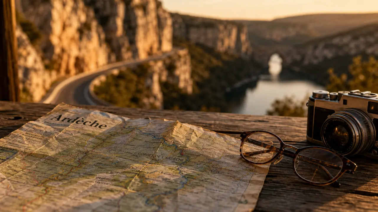 Ardèche France : carte route et gorges, Pont d’Arc au fond