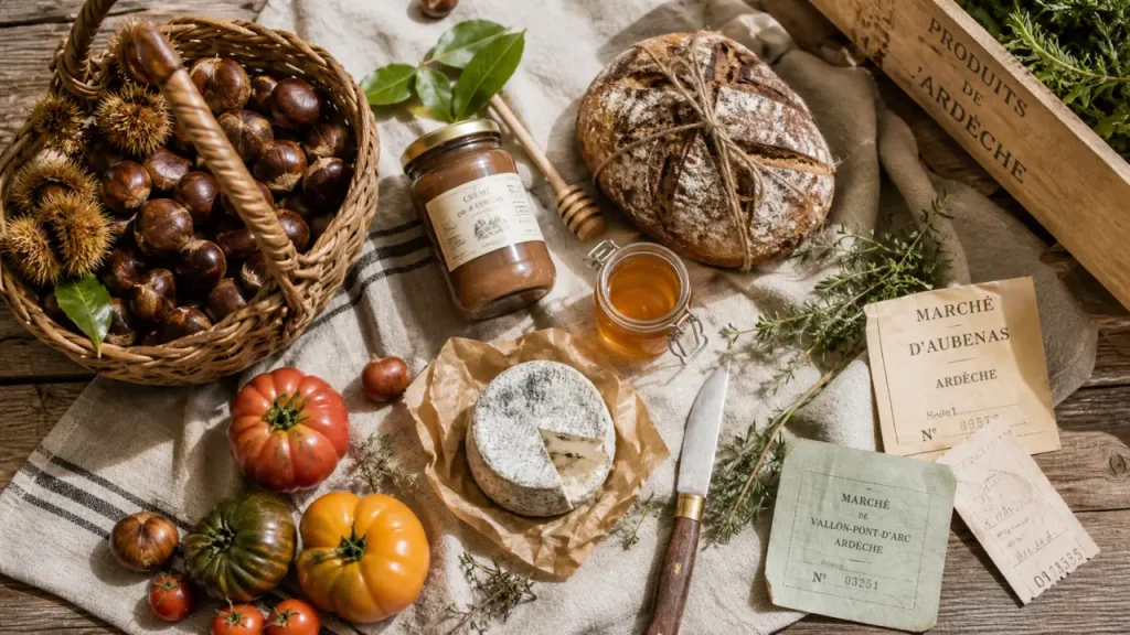 Ardeche marche : produits du marché ardéchois (châtaignes, miel, fromage de chèvre)