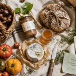 Ardeche marche : produits du marché ardéchois (châtaignes, miel, fromage de chèvre)