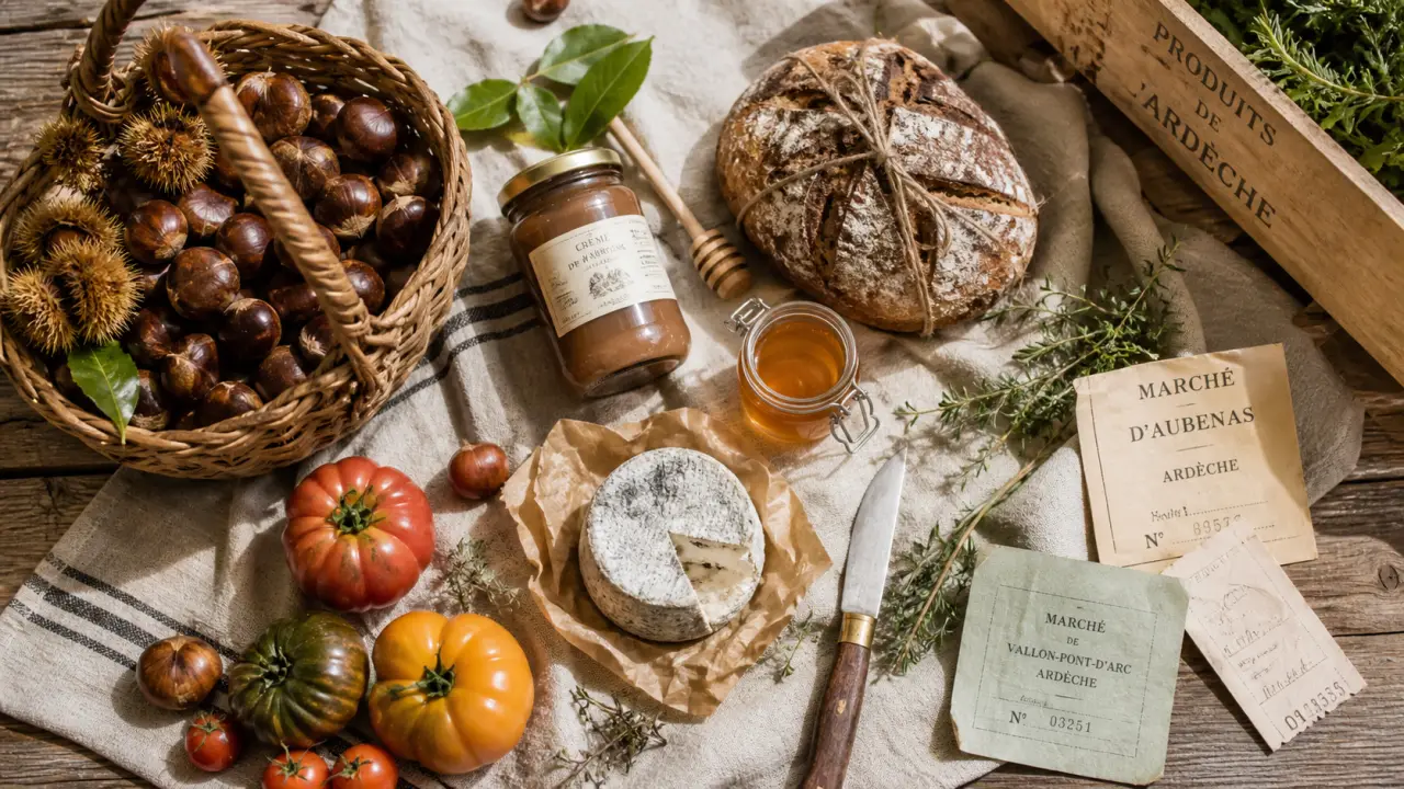 Ardeche marche : produits du marché ardéchois (châtaignes, miel, fromage de chèvre)