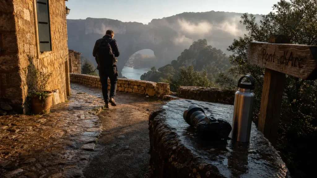 Ardèche region : gorges et villages perchés, Pont d’Arc en brume