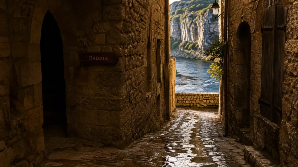 Ruelle médiévale de balazuc, rivière et vue depuis la falaise