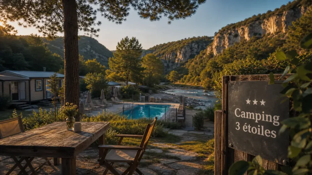 Camping 3 étoiles Ardèche, rivière et piscine, terrasse ombragée