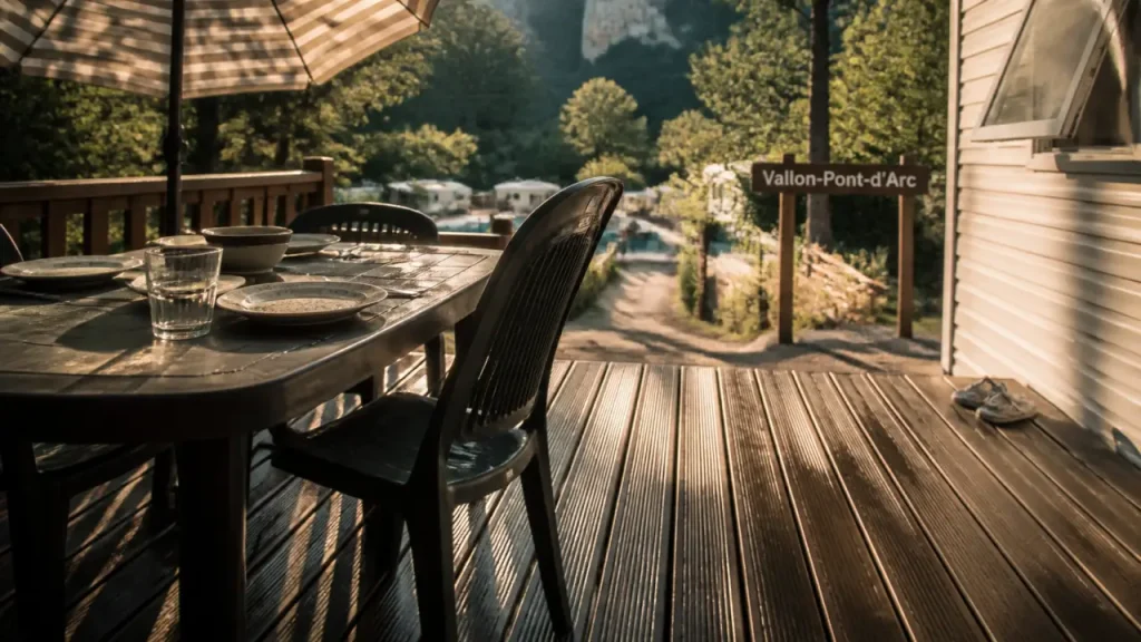 Camping ardèche mobil home : terrasse bois et chemin vers la rivière