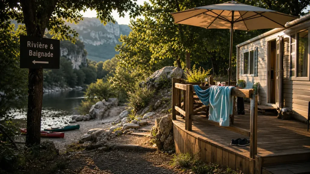 Camping ardeche riviere au bord d’une berge calme, terrasse et plage naturelle