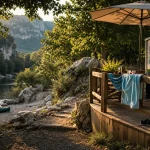 Camping ardeche riviere au bord d’une berge calme, terrasse et plage naturelle