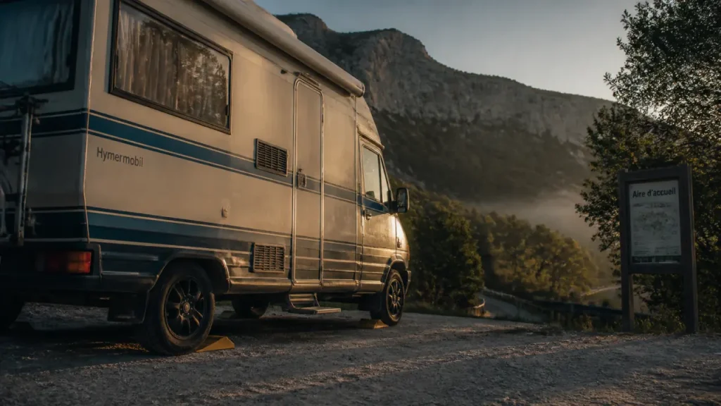 Camping car en Ardèche sur aire d’accueil, route étroite