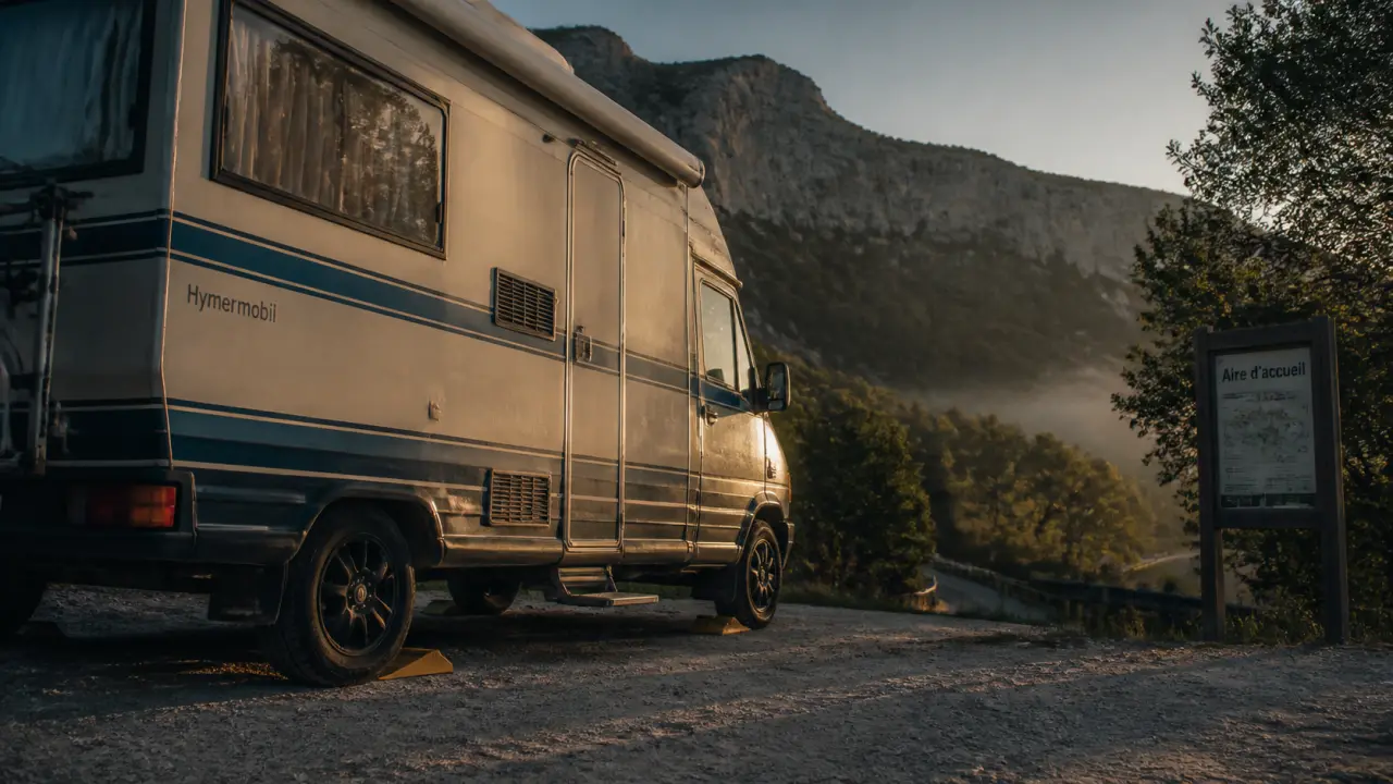 Camping car en Ardèche sur aire d’accueil, route étroite