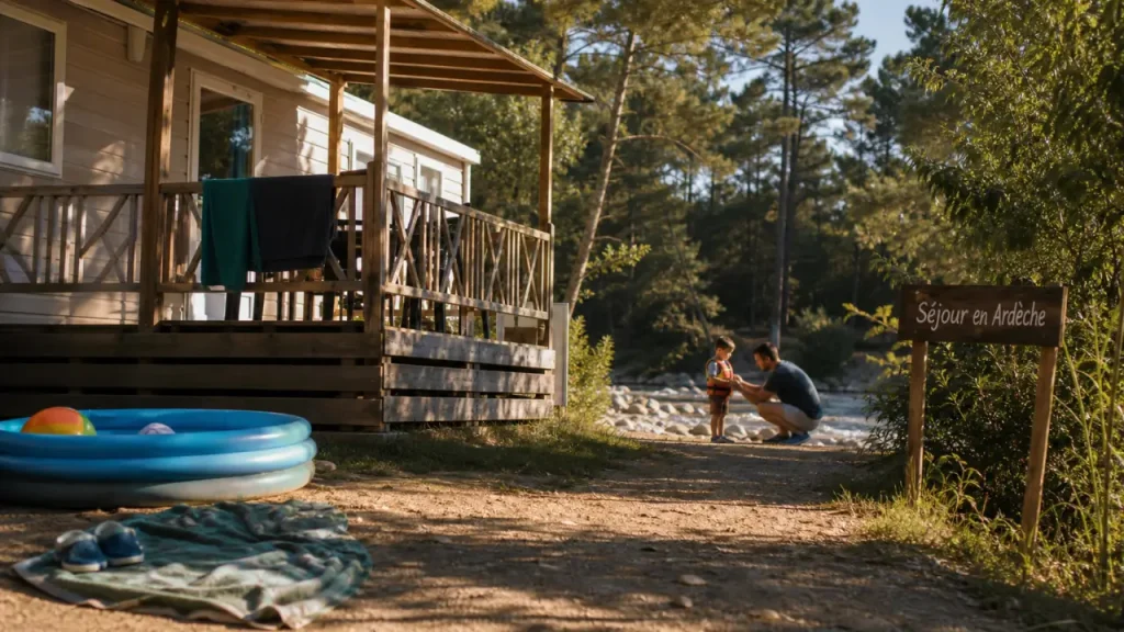 Camping familial ardeche près de la rivière avec enfant en gilet et pataugeoire