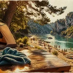 Camping rive d'arc : accès à l'Ardèche, tente à l’ombre et plage
