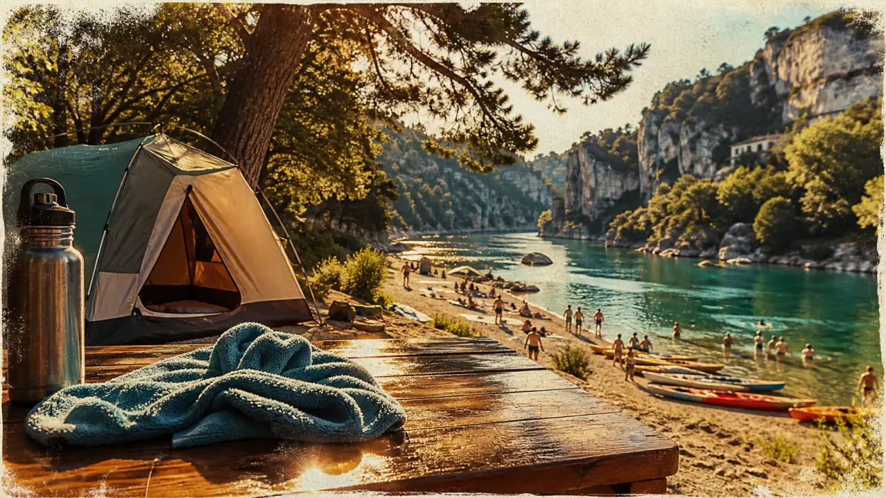 Camping rive d'arc : accès à l'Ardèche, tente à l’ombre et plage