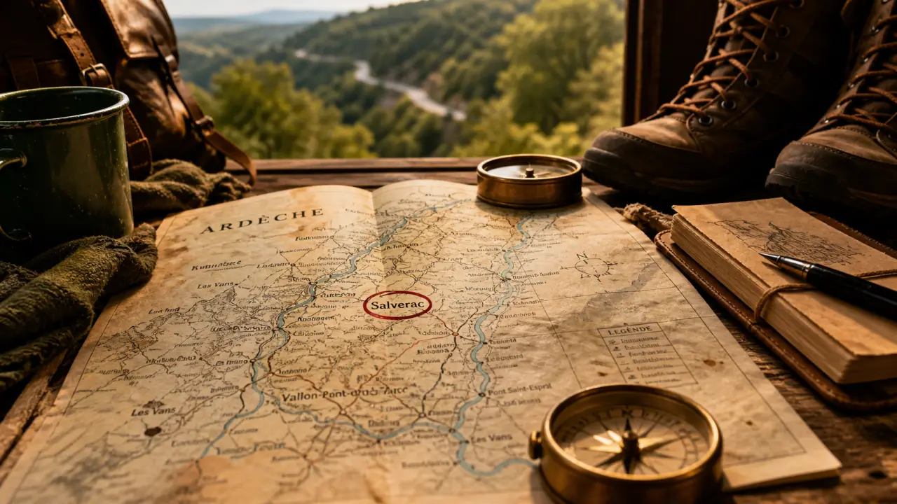 Carte Salverac Ardèche sur table, accès et randos