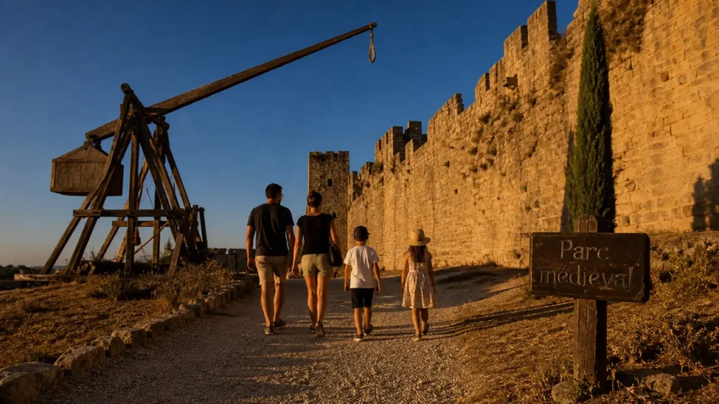 Château des Roure, trébuchet extérieur au golden hour