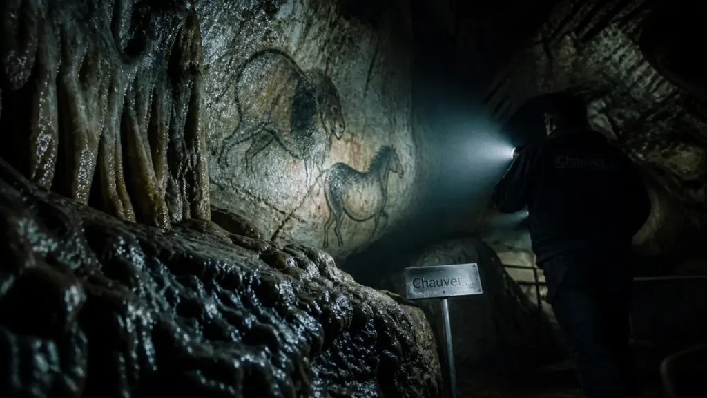 Chauvet grotte : visite de la réplique Chauvet 2, paroi sombre et guide