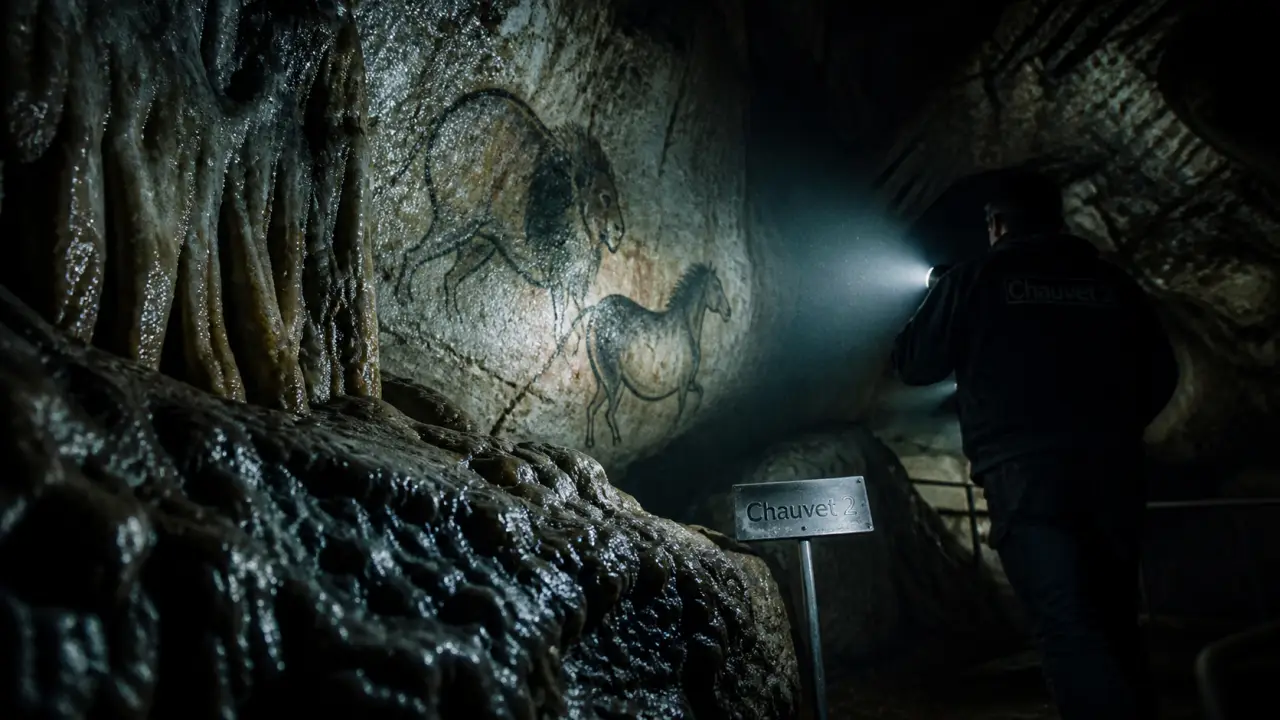 Chauvet grotte : visite de la réplique Chauvet 2, paroi sombre et guide