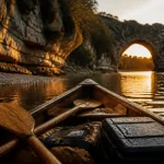 Descente ardeche canoe : canoë sur l’eau et Pont d’Arc au golden hour
