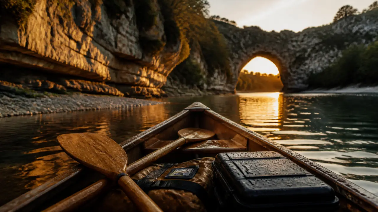 Descente ardeche canoe : canoë sur l’eau et Pont d’Arc au golden hour