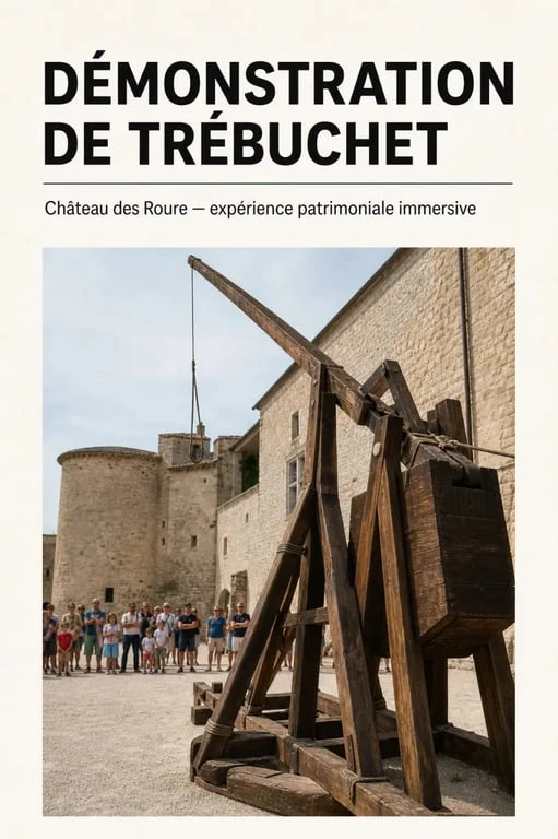 Démonstration du trébuchet au Chateau des Roure en Ardèche avec visiteurs