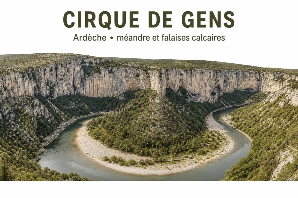 Le cirque des gens en Ardèche avec falaises calcaires et méandre de la rivière