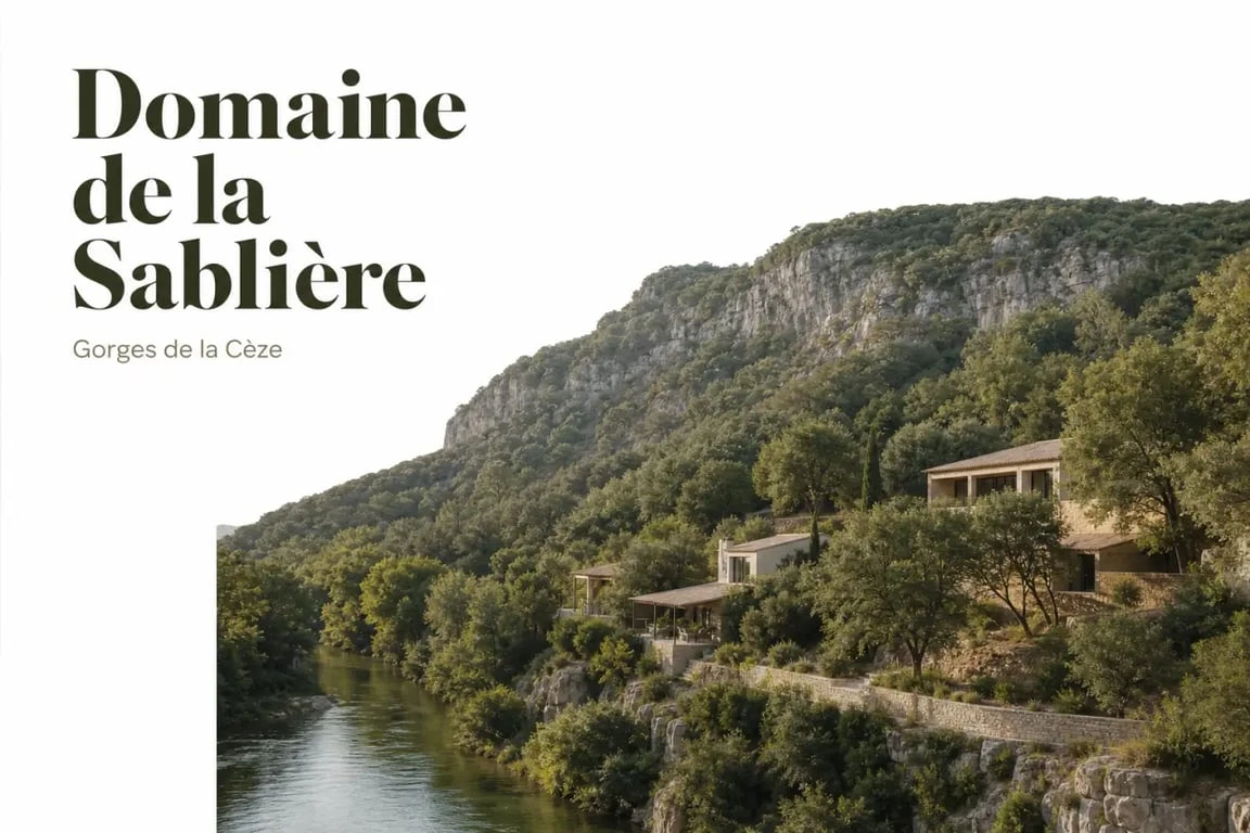 Camping naturiste la sablière dans les gorges de la Cèze, terrasses arborées et rivière en contrebas