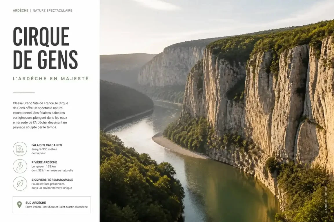 Vue panoramique spectaculaire du Cirque de Gens et de ses falaises calcaires au-dessus de l'Ardèche