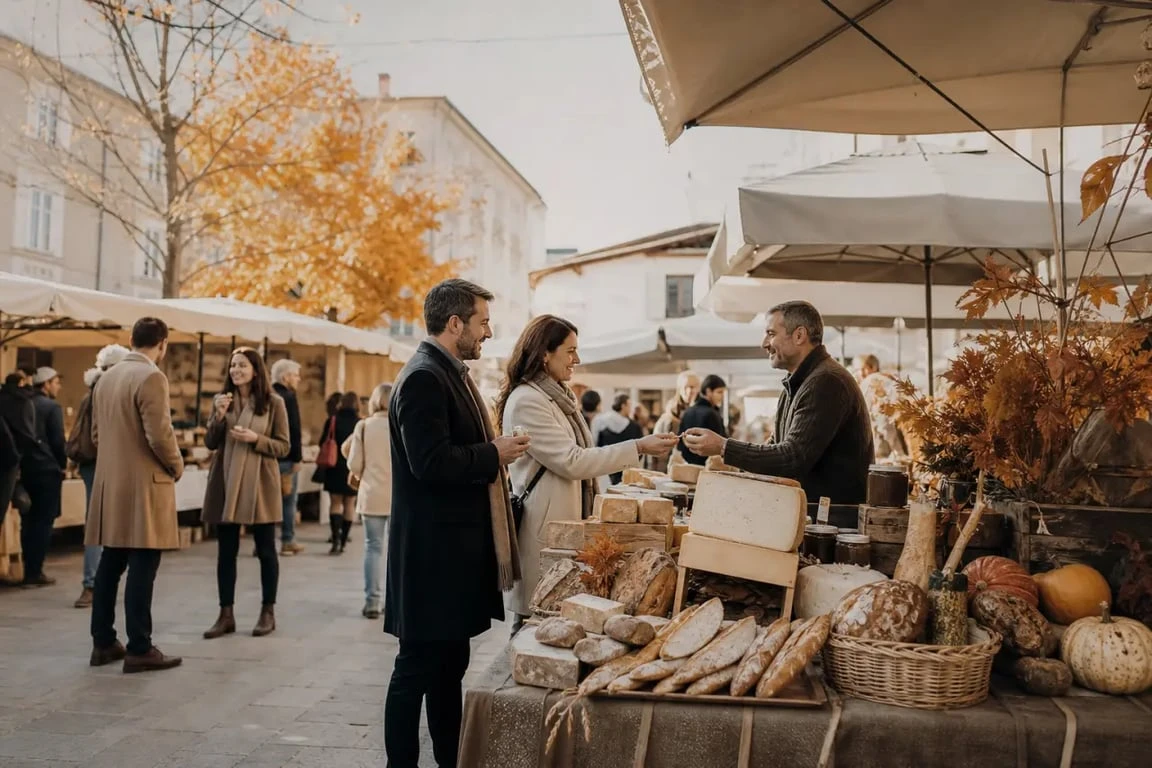 Les gourmandises d'Ardèche à Annonay, scène de marché gourmand festif avec producteurs et visiteurs