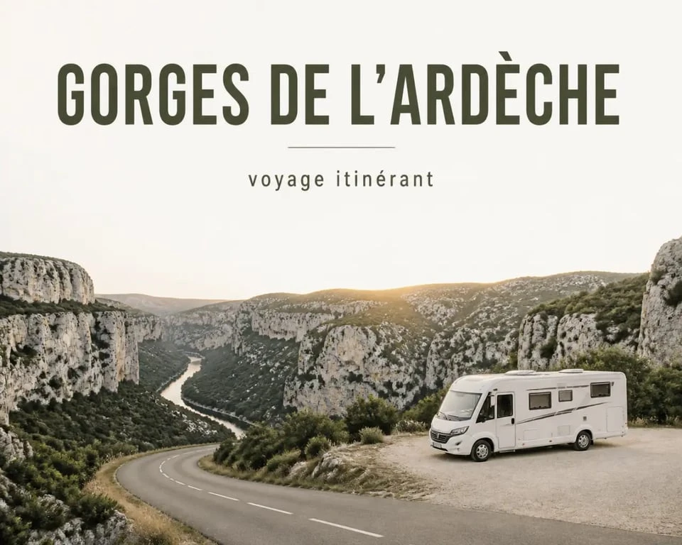 Camping car en Ardèche face aux gorges et à une route sinueuse