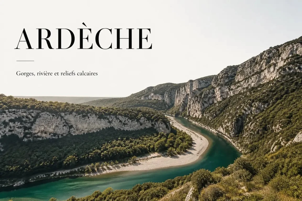 Map of Ardeche illustrée par un panorama naturel emblématique du département
