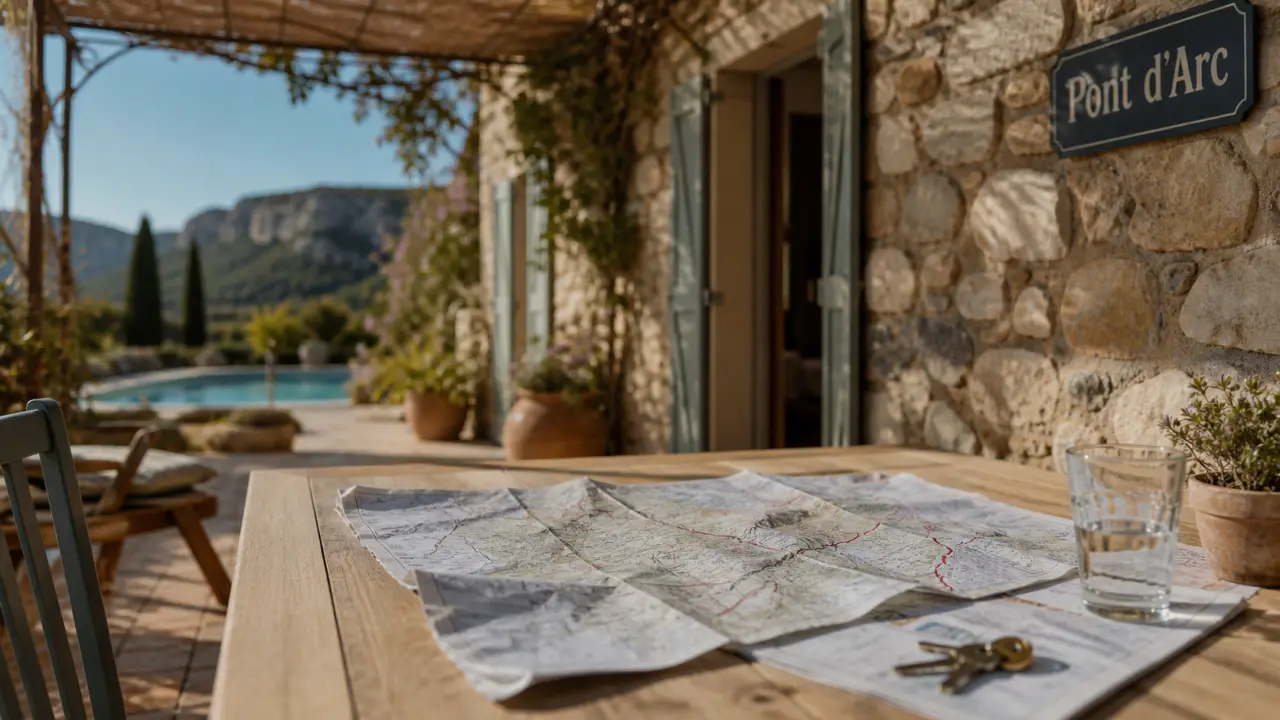 Gîte Ardèche du Sud : terrasse, pierres et clés