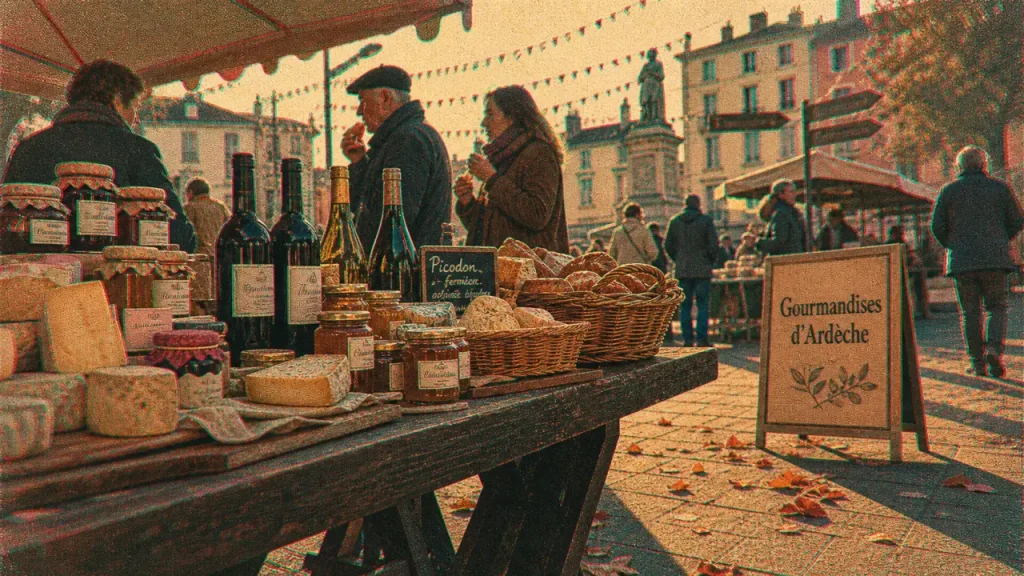 Gourmandises d’Ardèche à Annonay : étals sur la place des Cordeliers