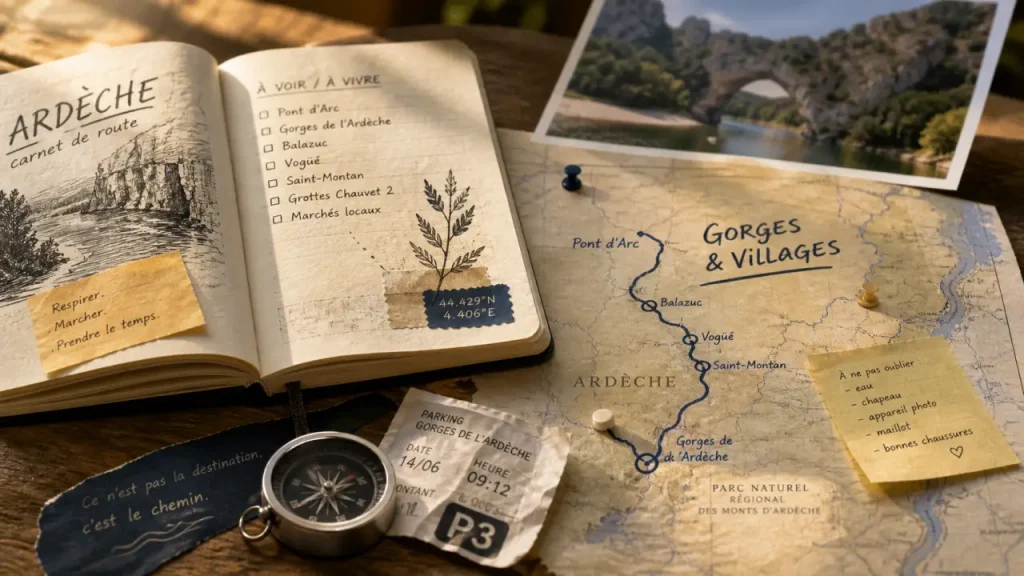 Informations Ardèche : carte Gorges & Villages, boussole et itinéraire