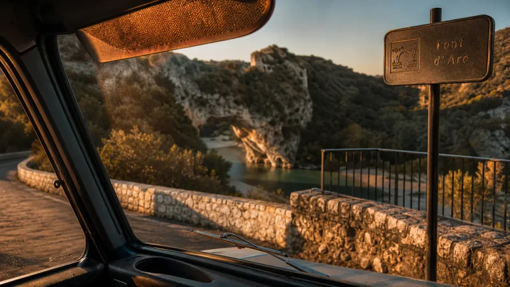 Itinéraire Ardèche : Pont d’Arc et gorges, route sinueuse au golden hour