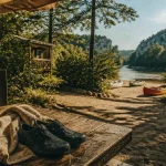 Le coudoulet en Ardèche : terrasse de camping près de Ruoms et sentier vers l’Ardèche