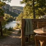 Location mobil home Ardèche : terrasse vue rivière