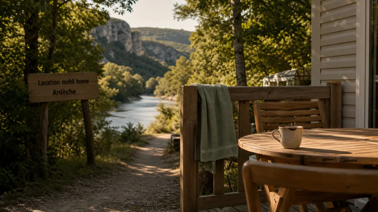 Location mobil home Ardèche : terrasse vue rivière