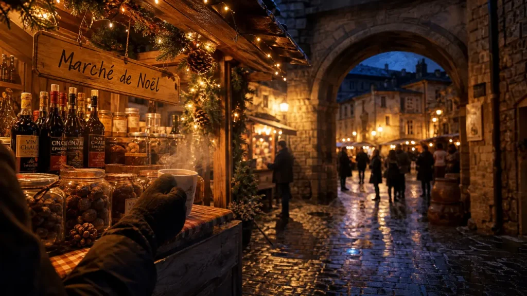 marche de noel en ardeche : chalet et ruelle pavée au crépuscule