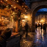 marche de noel en ardeche : chalet et ruelle pavée au crépuscule