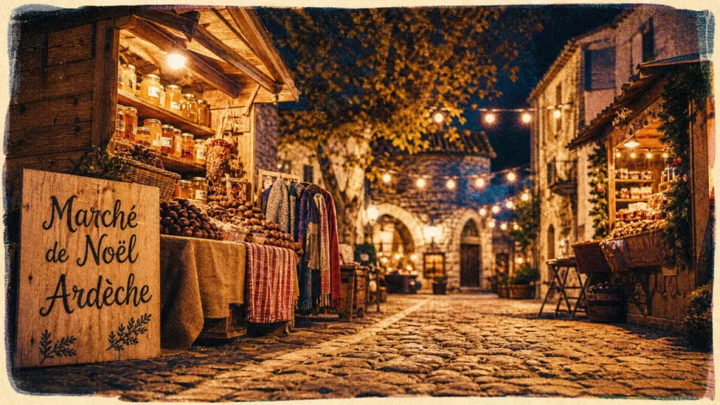 Marche de noel var : village ardéchois, ruelles et chalets de Noël