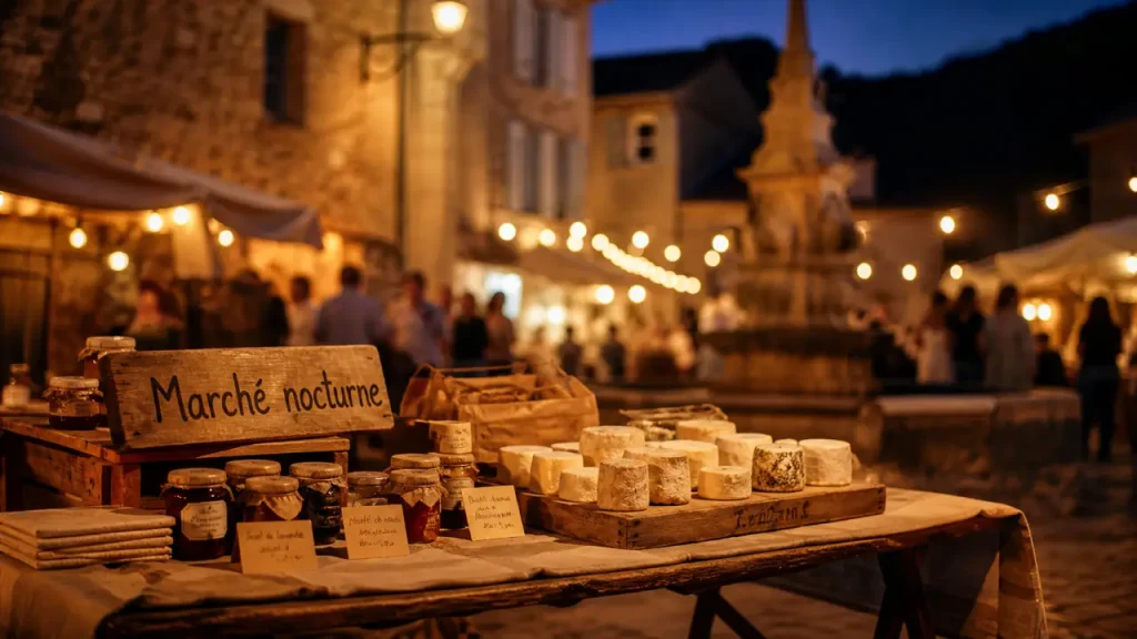 Marche nocturne ardeche sur une place de village, stands artisanaux au coucher du soleil