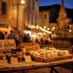 Marche nocturne ardeche sur une place de village, stands artisanaux au coucher du soleil