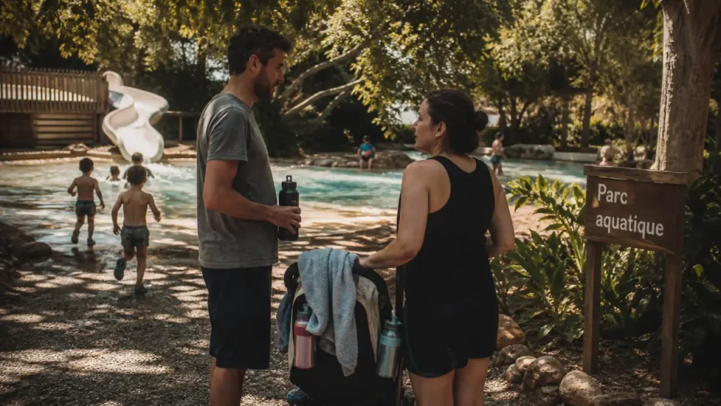 Parc aquatique Ardèche : famille près de la pataugeoire et toboggan