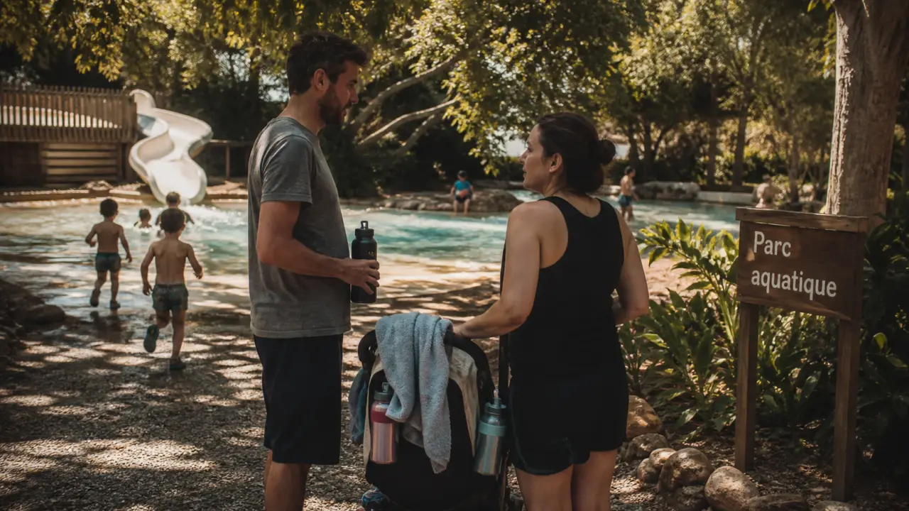 Parc aquatique Ardèche : famille près de la pataugeoire et toboggan