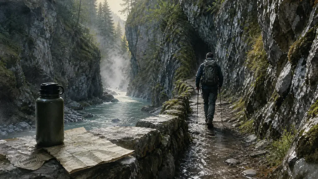 randonnee ardeche : sentier dans les gorges, marcheur en Ardèche